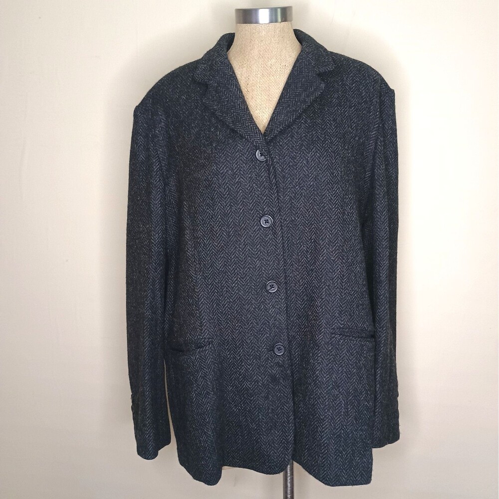 Ralph Lauren Jacket Womens 14W 100% Wool Black Herringbone Vtg Y2K Old Money